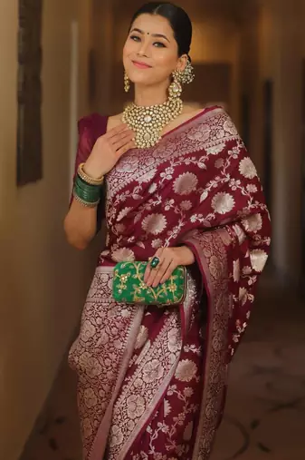 Maroon silk blend banarasi jaquard designer saree with blouse