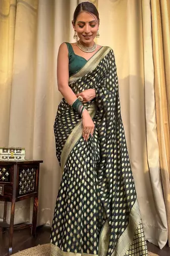 Green silk blend banarasi jaquard designer saree with blouse