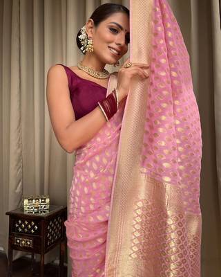 Pink silk blend banarasi jaquard designer saree with blouse 2