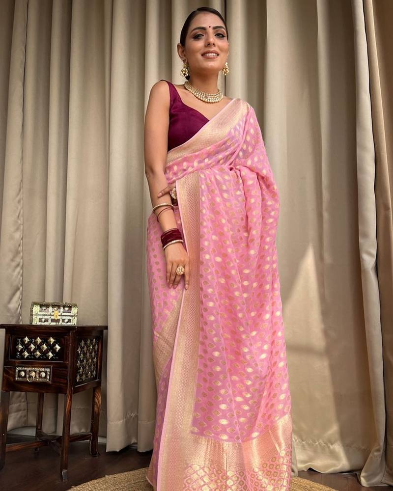 Pink soft silk blend banarasi jacuard work designer saree with blouse