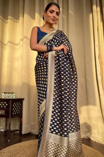 Blue silk blend banarasi jaquard designer saree with blouse