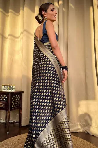 Blue silk blend banarasi jaquard designer saree with blouse