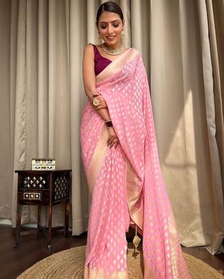 Baby pink silk blend banarasi jaquard designer saree with blouse 2