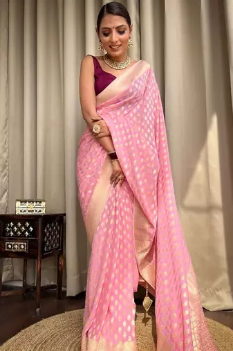Baby pink silk blend banarasi jaquard designer saree with blouse