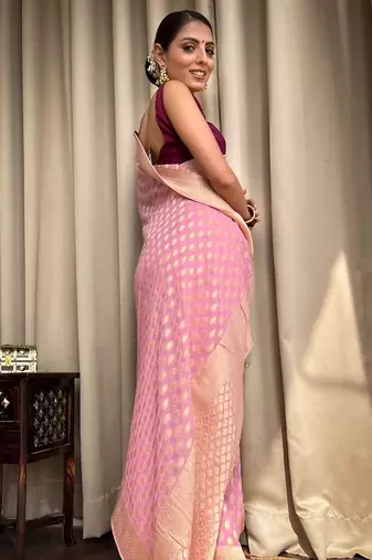 Baby pink silk blend banarasi jaquard designer saree with blouse