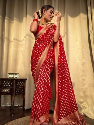 Red silk blend banarasi jaquard designer saree with blouse 2