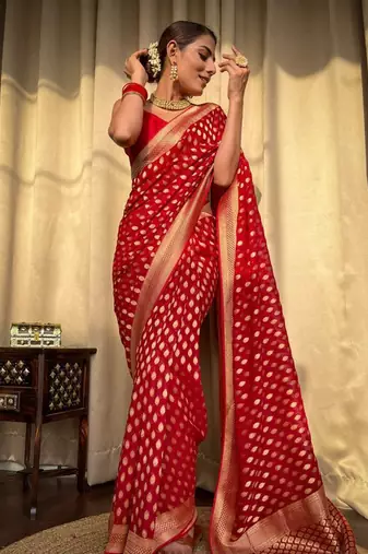 Red silk blend banarasi jaquard designer saree with blouse