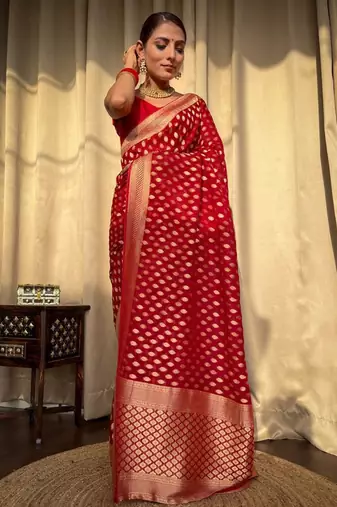 Red silk blend banarasi jaquard designer saree with blouse