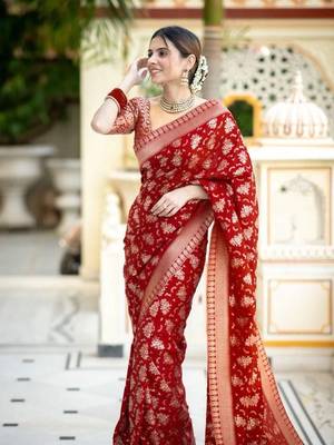 Red silk blend banarasi jaquard designer saree with blouse 2