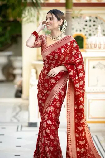 Red silk blend banarasi jaquard designer saree with blouse