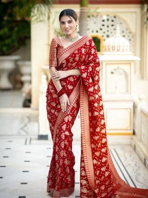 Red silk blend banarasi jaquard designer saree with blouse 3