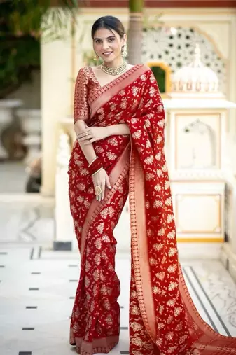 Red silk blend banarasi jaquard designer saree with blouse