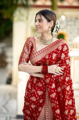 Red silk blend banarasi jaquard designer saree with blouse
