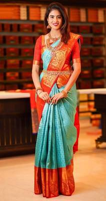 Turquoise silk blend banarasi jaquard designer saree with blouse 2
