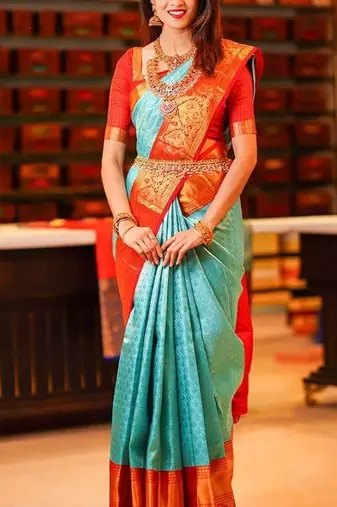 Turquoise silk blend banarasi jaquard designer saree with blouse