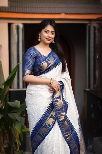 White silk blend banarasi jaquard designer saree with blouse