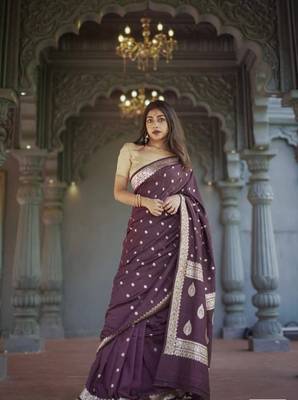 Wine linen slub jaquard designer saree with blouse 2