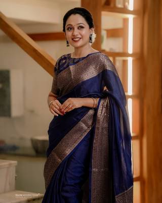 Blue silk blend banarasi jaquard designer saree with blouse 2