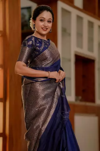 Blue soft silk blend banarasi jacuard work designer saree with blouse