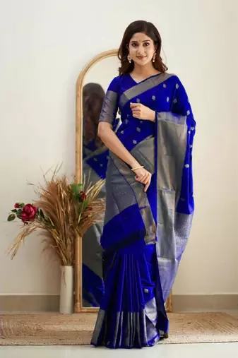Blue silk blend banarasi jaquard designer saree with blouse
