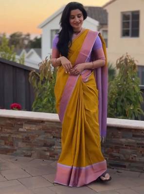 Yellow silk blend banarasi jaquard designer saree with blouse 2