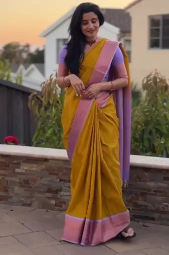 Yellow silk blend banarasi jaquard designer saree with blouse