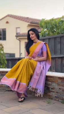 Yellow silk blend banarasi jaquard designer saree with blouse 3