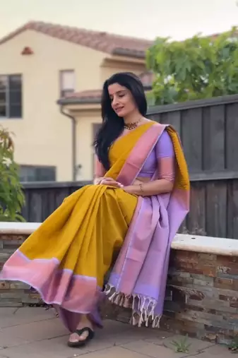 Yellow silk blend banarasi jaquard designer saree with blouse