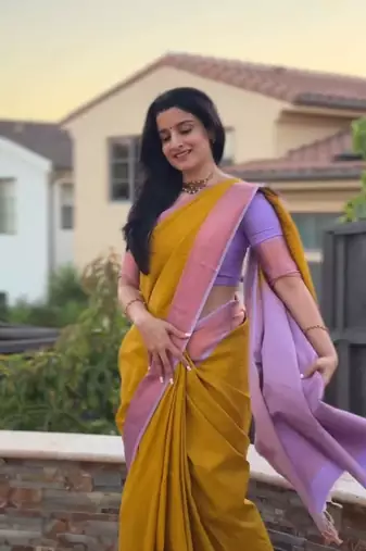 Yellow silk blend banarasi jaquard designer saree with blouse