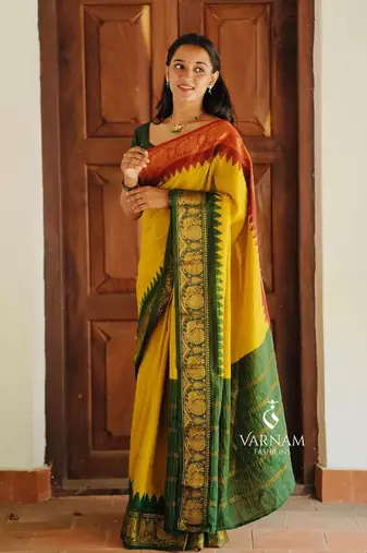 Mustard silk blend banarasi jaquard designer saree with blouse