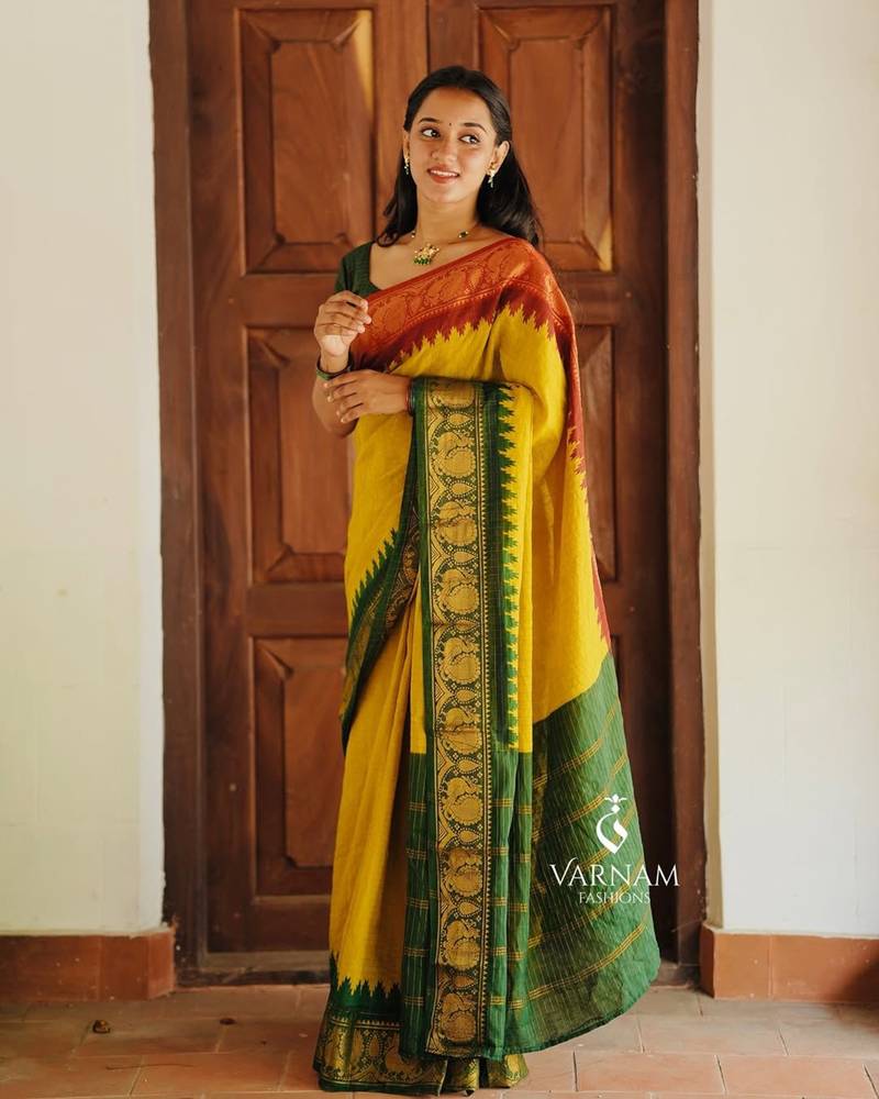 Mustard soft silk blend banarasi jacuard work designer saree with blouse