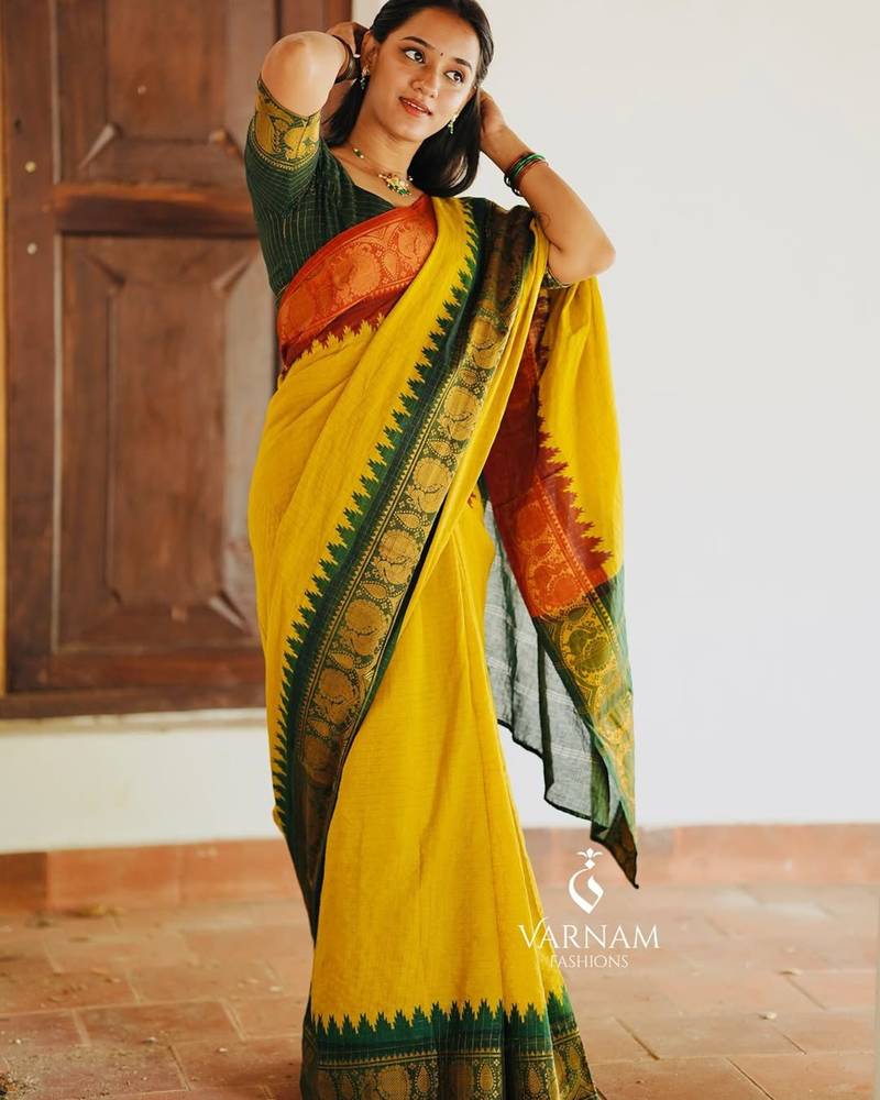 Mustard soft silk blend banarasi jacuard work designer saree with blouse