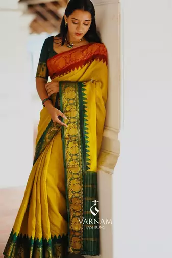 Mustard silk blend banarasi jaquard designer saree with blouse