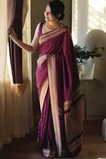 Wine silk blend banarasi jaquard designer saree with blouse