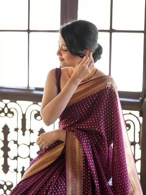 Wine silk blend banarasi jaquard designer saree with blouse 4