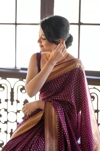Wine silk blend banarasi jaquard designer saree with blouse