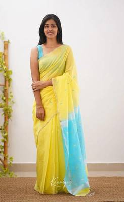 Yellow linen slub jaquard designer saree with blouse 2