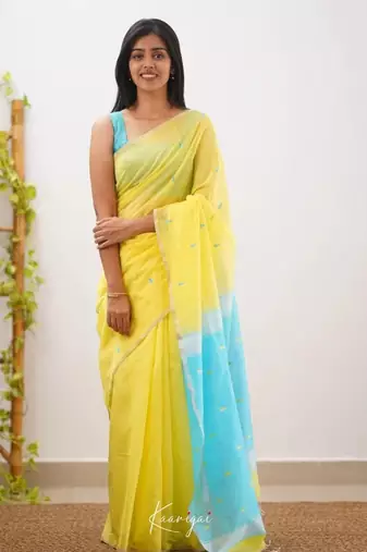 Yellow linen slub jaquard designer saree with blouse
