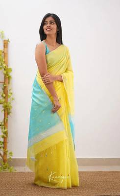 Yellow linen slub jaquard designer saree with blouse 3