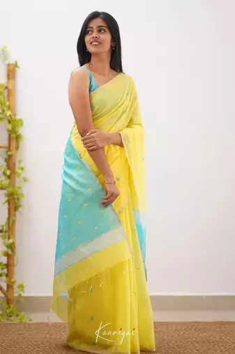 Yellow linen slub jaquard designer saree with blouse