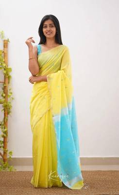 Yellow linen slub jaquard designer saree with blouse 4