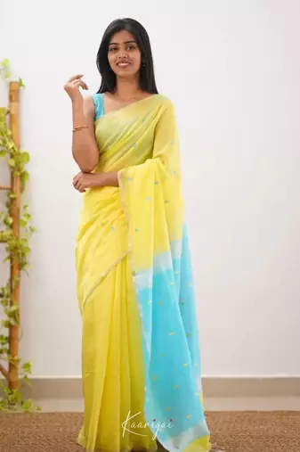 Yellow linen slub jaquard designer saree with blouse