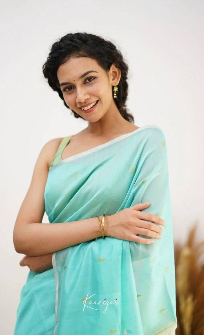 Turquoise soft linen slub jacuard work designer saree with blouse
