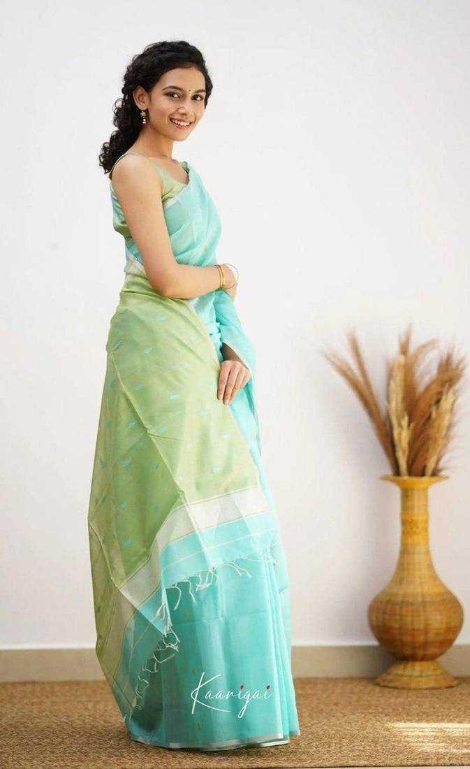 Turquoise soft linen slub jacuard work designer saree with blouse