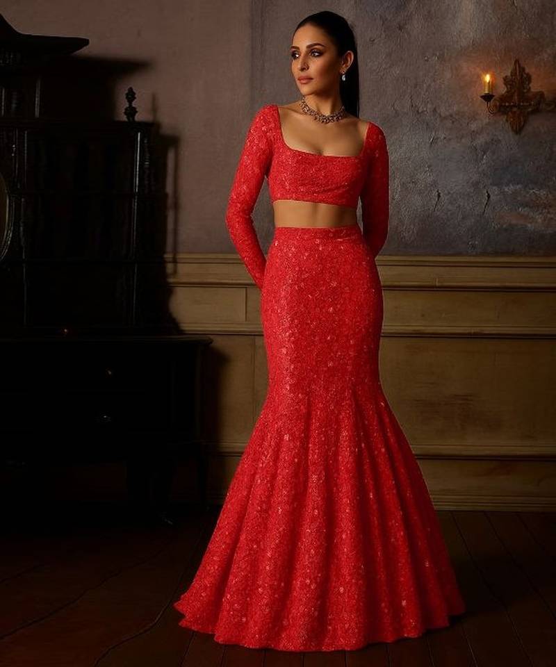 Red embroidered net fusion set