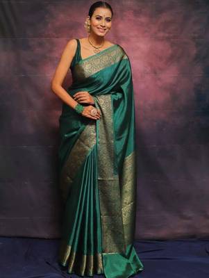 Turquoise silk blend banarasi jaquard designer saree with blouse 2