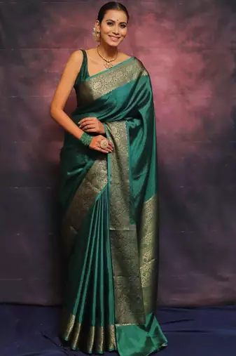 Turquoise silk blend banarasi jaquard designer saree with blouse