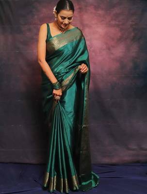 Turquoise silk blend banarasi jaquard designer saree with blouse 3