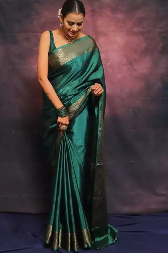 Turquoise silk blend banarasi jaquard designer saree with blouse