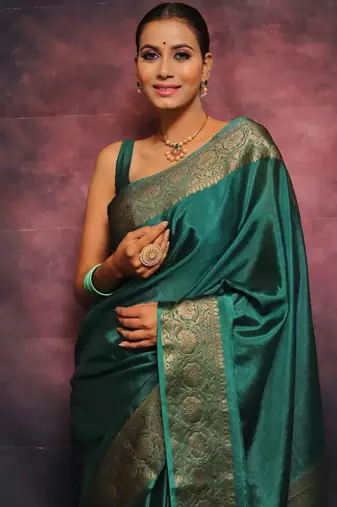 Turquoise silk blend banarasi jaquard designer saree with blouse